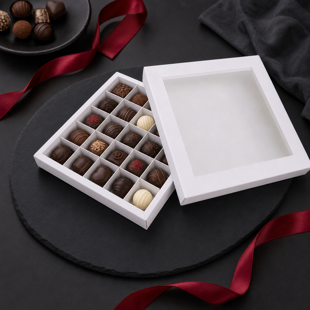 120 Pieces Chocolate Box with 25 Compartments, White Square Confectionery Box, 23.5 x 23.5 x 4 cm