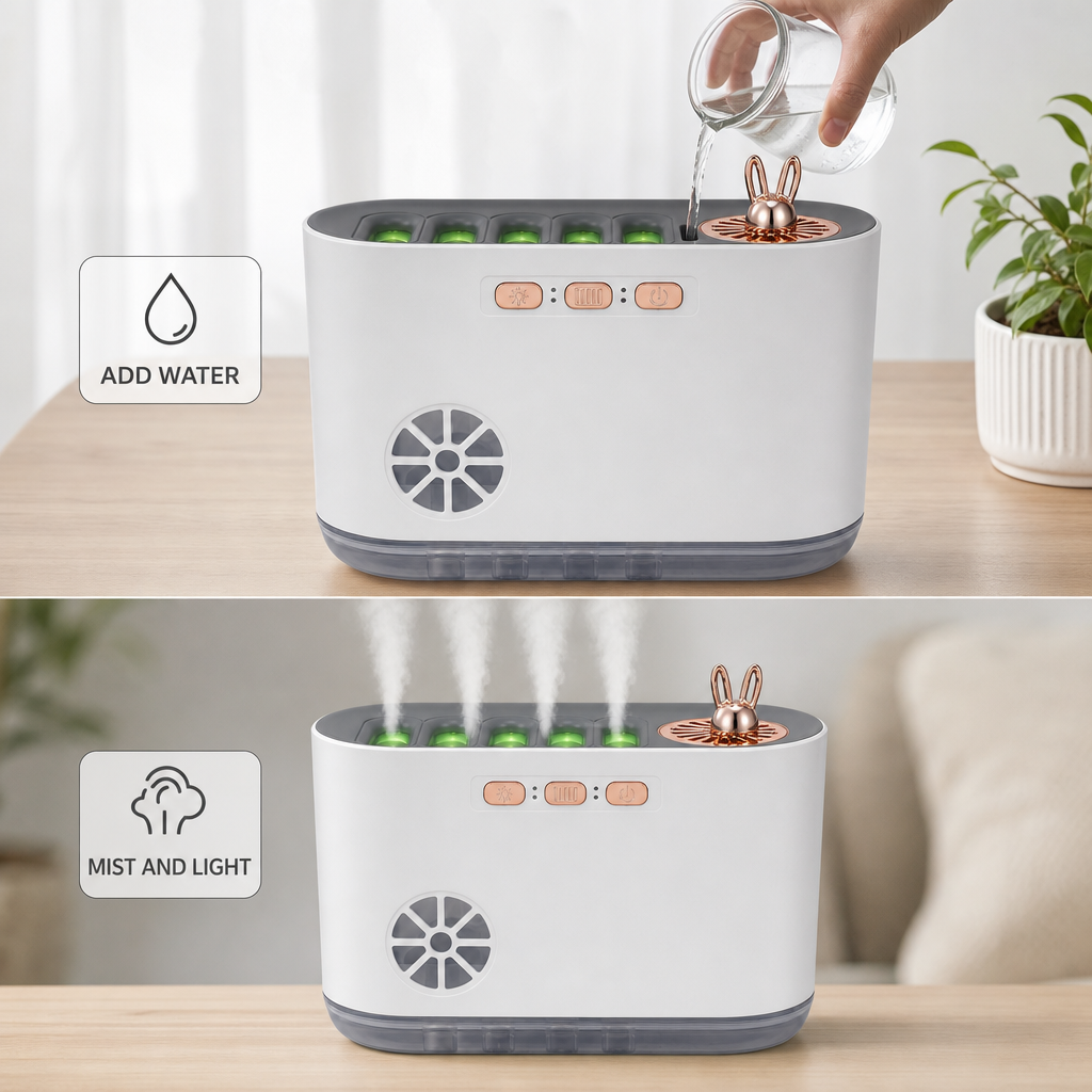 60 Pieces White Ultrasonic Mist Humidifier with Four Nozzles and RGB Night Light, 1 Unit