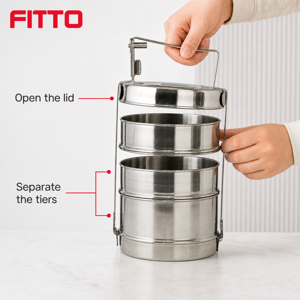 60 Pieces Stainless Steel Tiffin Lunch Box, 10 Inch, 3 Tier Stackable Meal Container With Carry Handle
