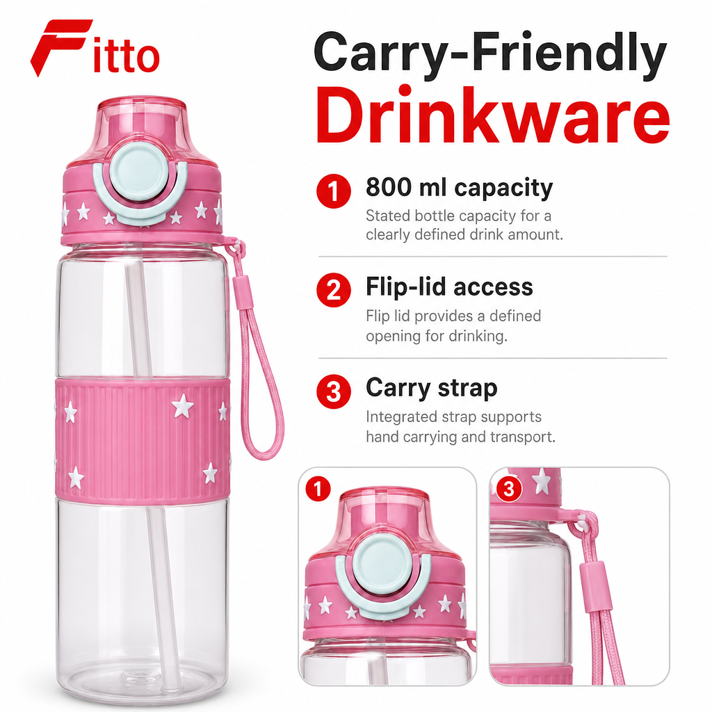 96 Pieces Pink Printed Water Bottle with Flip Lid and Carry Strap, 800 ml