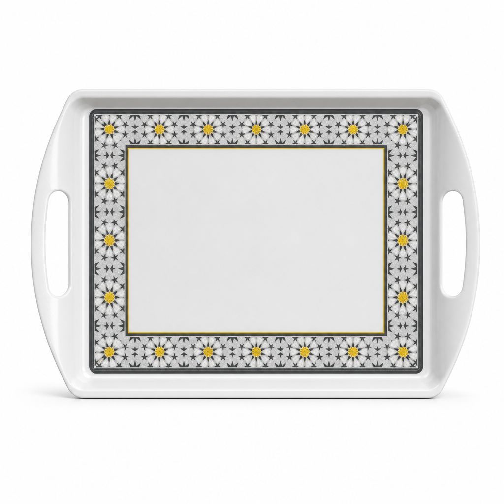 72 Pieces Rectangular Serving Trays with Dual Handles, 20 Inch, White Grey and Yellow Accents