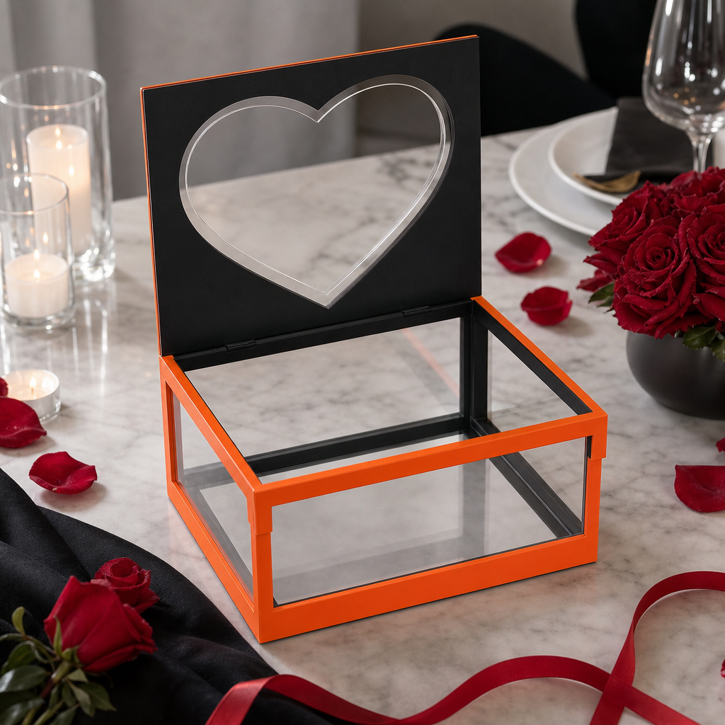 48 Pieces Acrylic Presentation Box, Orange and Black, Transparent Heart Window, 30 x 30 x 20 cm, 1 Piece
