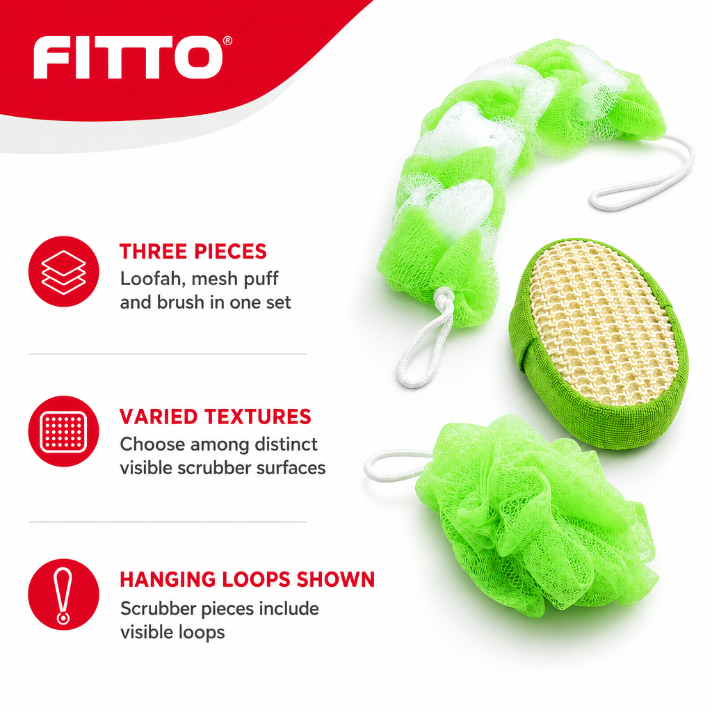 144 Pieces Assorted Colour Bath and Body Scrubber Set, Loofah, Mesh Puff and Brush, 3-Piece Personal Cleansing Set
