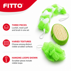 144 Pieces Assorted Colour Bath and Body Scrubber Set, Loofah, Mesh Puff and Brush, 3-Piece Personal Cleansing Set