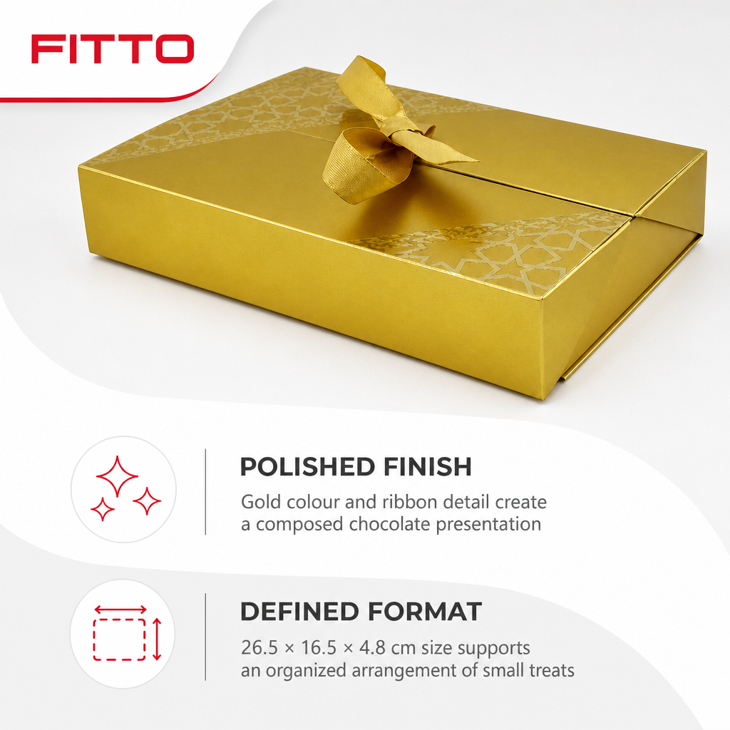 96 Pieces Gold Rectangular Chocolate Presentation Box with Ribbon, 26.5 × 16.5 × 4.8 cm, 1 Piece