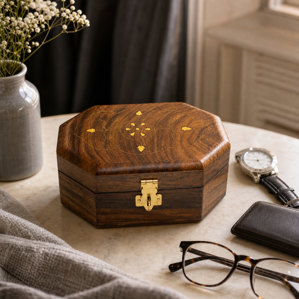 96 Pieces Wooden Octagonal Storage Box with Front Latch, 7 x 5 Inch, Brown