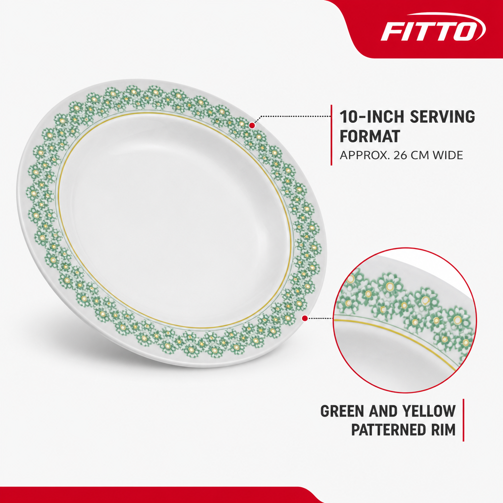 120 Pieces Soup Plate, 10 Inch, White with Green and Yellow Pattern, Round Tablewares
