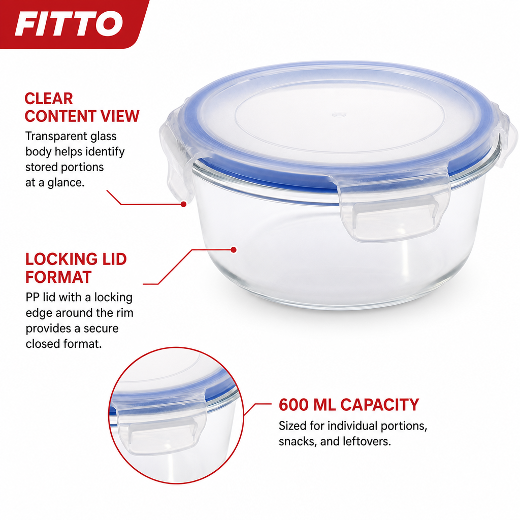 96 Pieces Round Glass Food Storage Containers with Locking PP Lid, 600 ml, Clear Body with Blue Rim