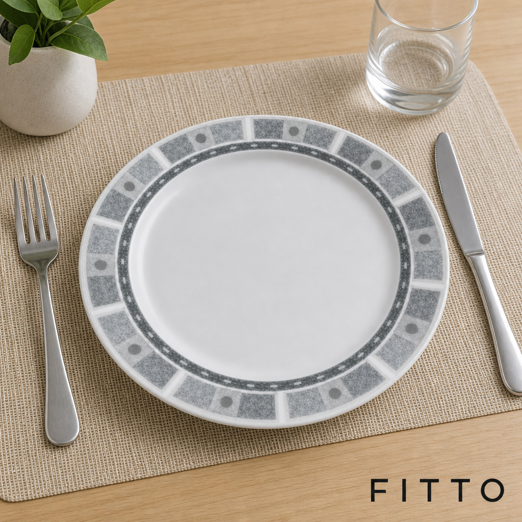 120 Pieces Dinner Plate, 8 Inch, Grey Geometric Border, Round Tablewares