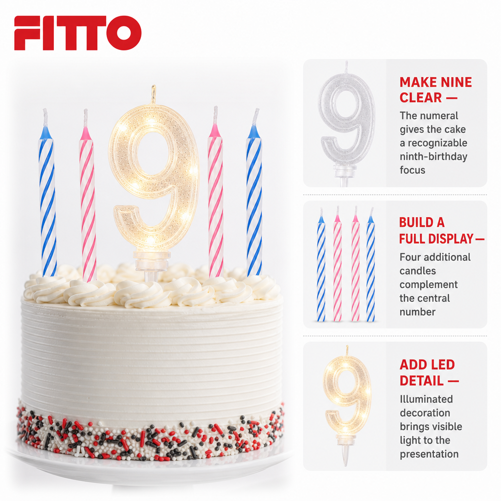 144 Pieces LED Happy Birthday Number 9 Cake Candle Set with Four Candles, 9 cm