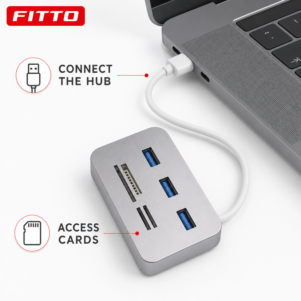 96 Pieces USB 3.0/3.1 Hub with Card Reader and 30cm Cable for Computer Peripherals