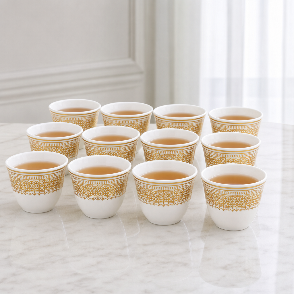 96 Pieces Ceramic Tea Cup Set, White And Gold, 12-Piece Drinkwares Collection