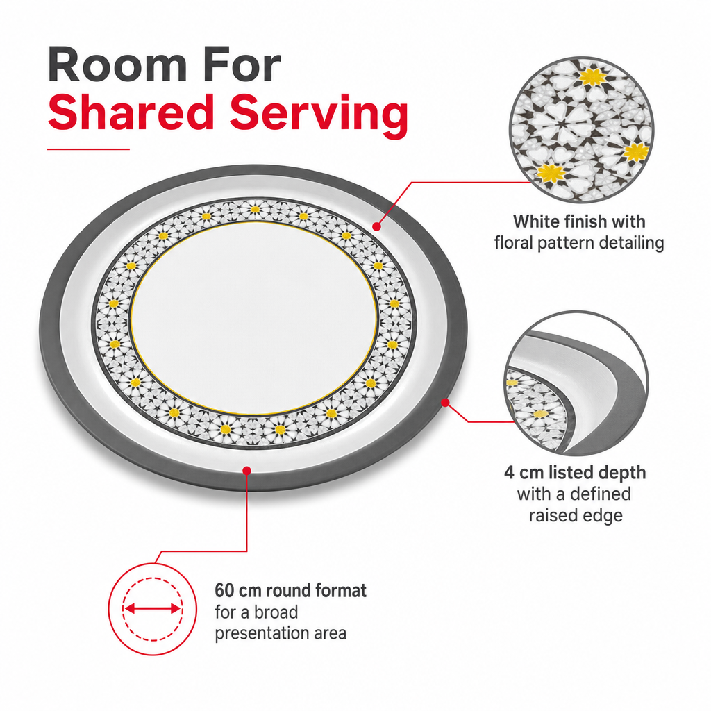 60 Pieces Round Woven Serving Trays, 60 cm, White with Floral Pattern