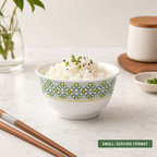 144 Pieces Melamine Rice Bowl, 4 Inch, White with Green and Yellow Geometric Pattern