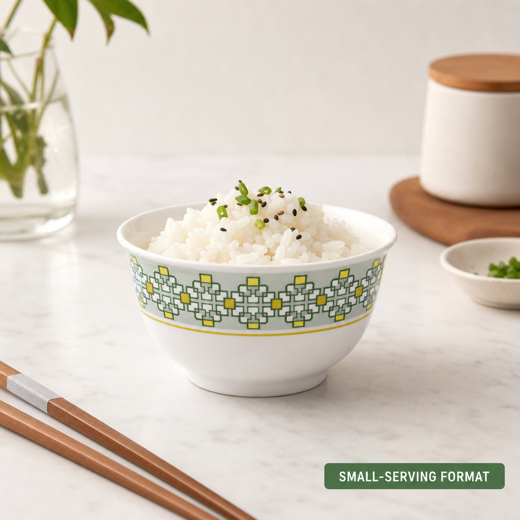 144 Pieces Melamine Rice Bowl, 4 Inch, White with Green and Yellow Geometric Pattern