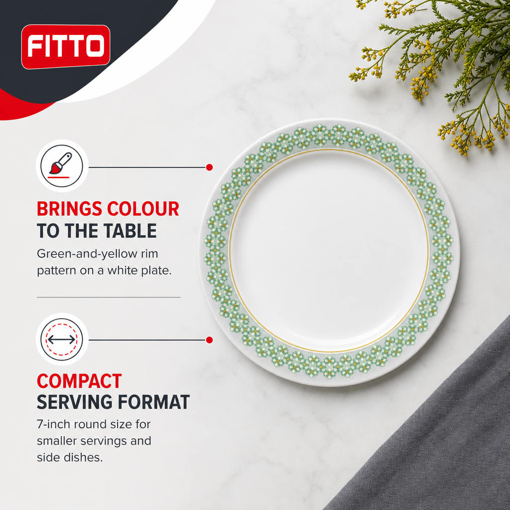 144 Pieces Dinner Plate, 7 Inch, White with Green and Yellow Pattern, Round Tablewares