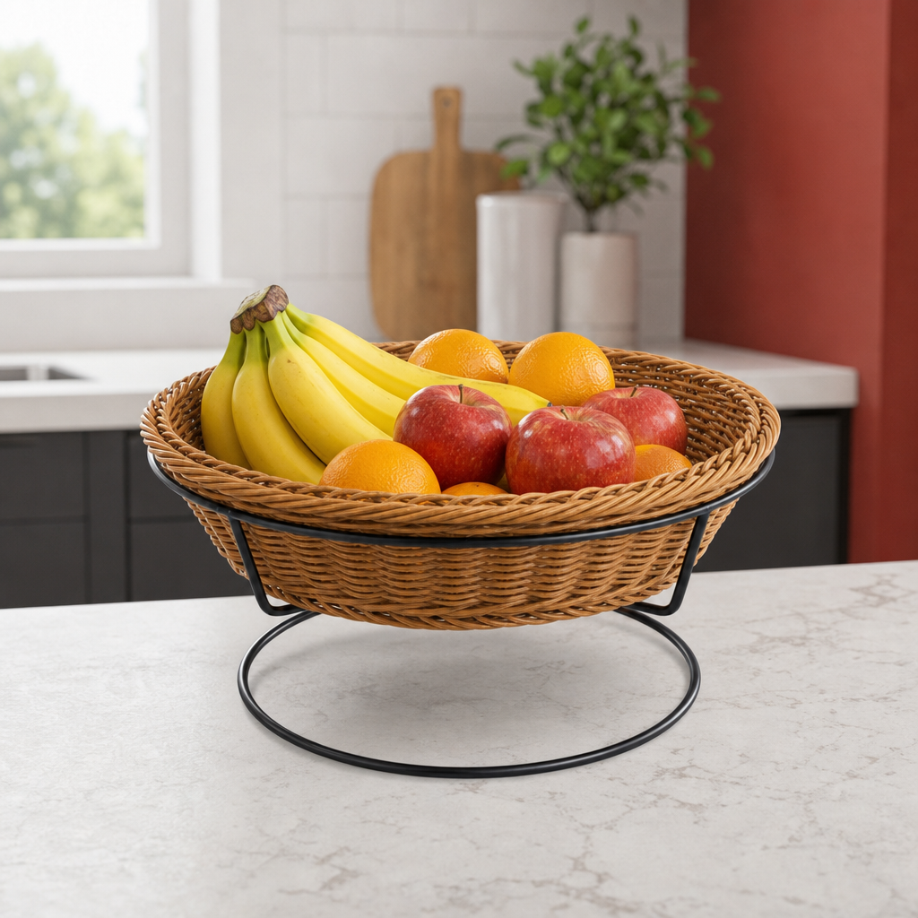 48 Pieces Round Wicker Fruit Baskets with Metal Stand, Natural, 42 x 42 x 18 cm