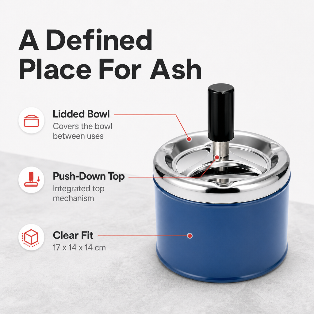 120 Pieces Blue Round Stainless Steel Push-Down Ashtrays with Lid, Tabletop Smoking Accessory, 17 x 14 x 14 cm