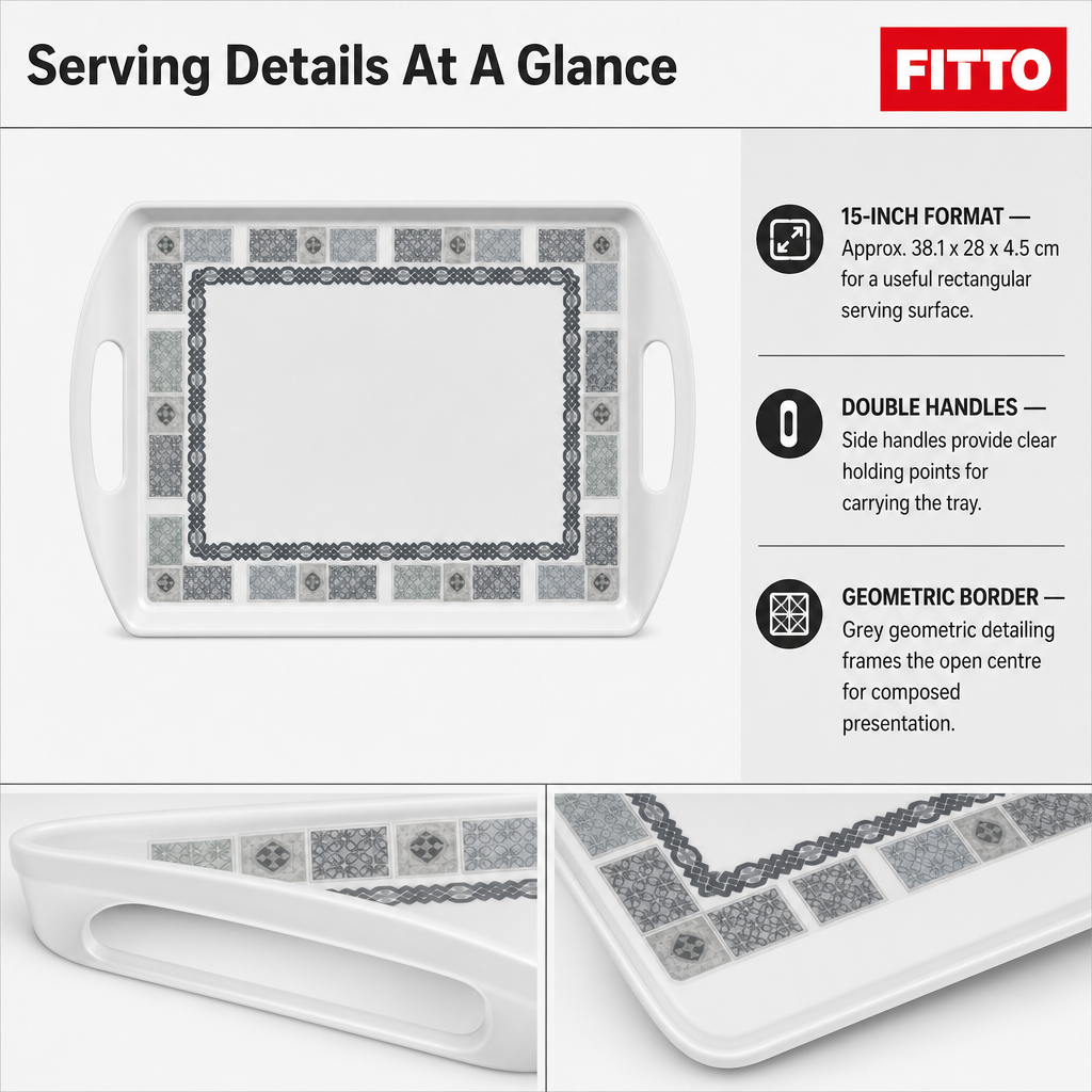96 Pieces Melamine Serving Trays with Double Handles, Rectangular 15 Inch, Grey Geometric Border
