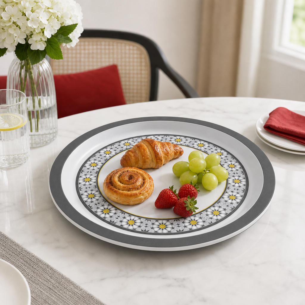 96 Pieces Round Melamine Woven Serving Trays, 35 cm, White with Floral Pattern