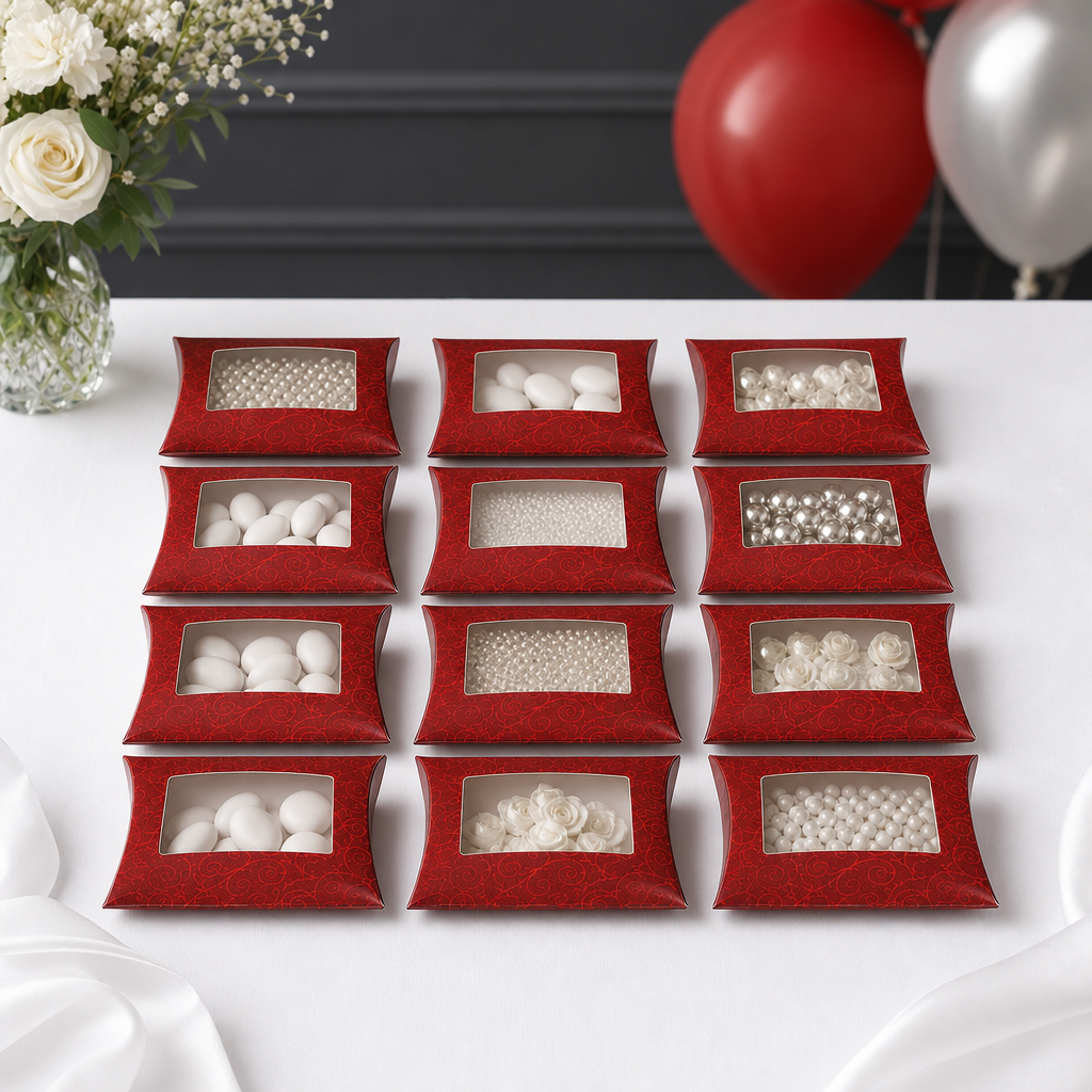 72 Pieces Red Pillow Boxes with Clear Window, 24 × 20 × 5 cm, 12 Pieces