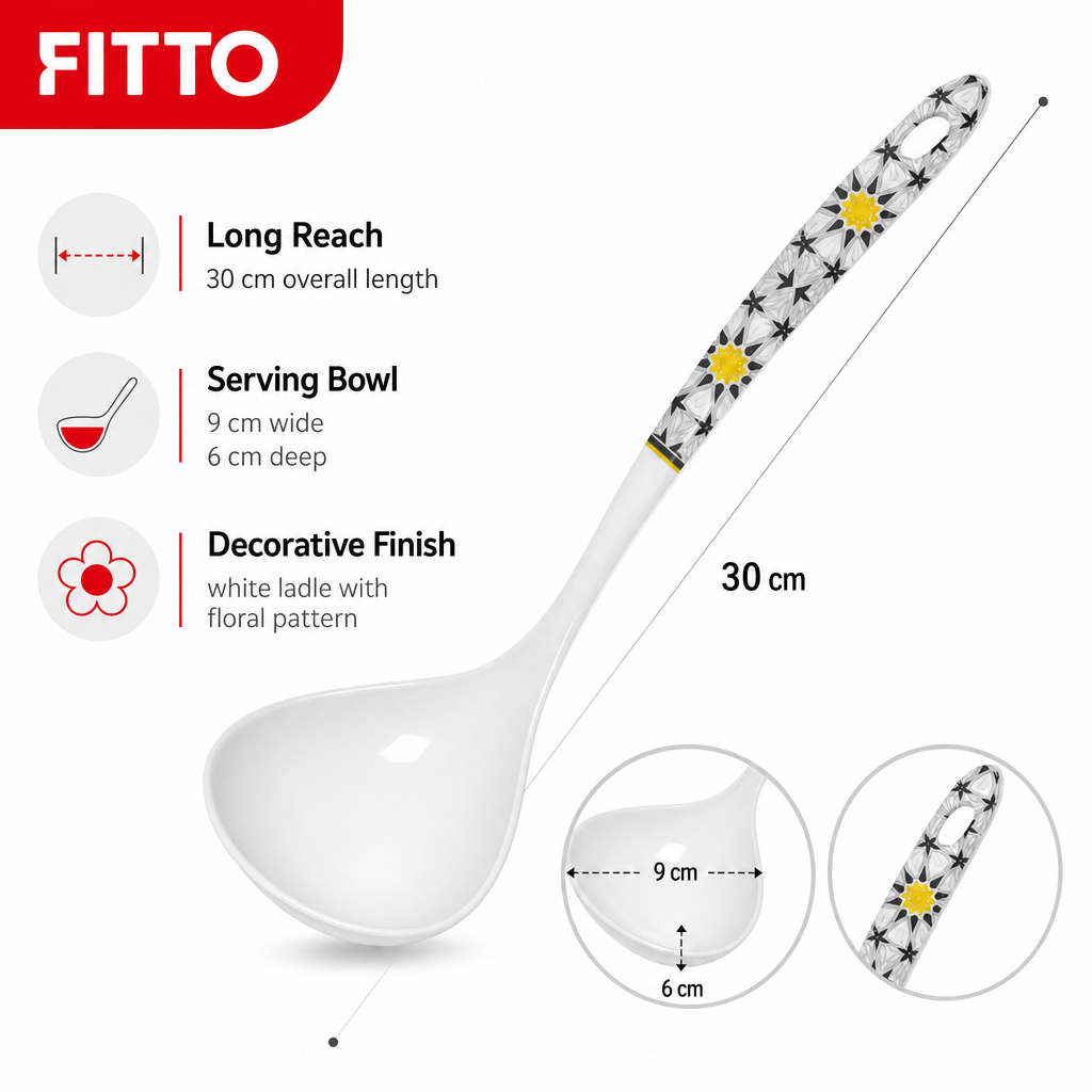144 Pieces Melamine Curry Ladle, White Floral Pattern, 30 cm Kitchen Serving Spoon