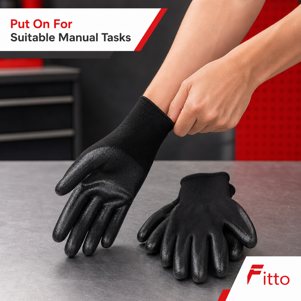 96 Pieces Coated Work Gloveses, 24 cm, Black, 1 Pair