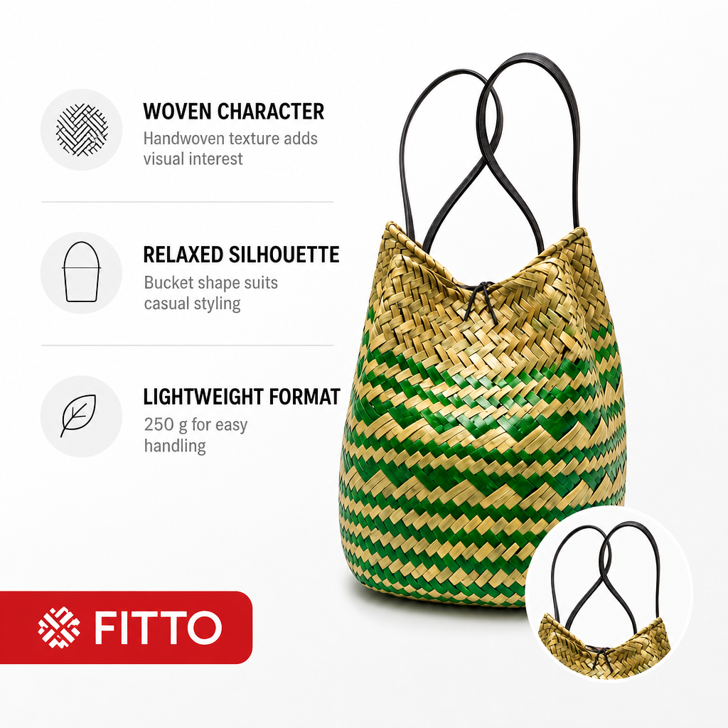 72 Pieces Handwoven Bucket Handbags, Green and Cream Striped Natural-Fiber Design, 22 x 18 x 14 cm