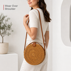 60 Pieces Round Woven Rattan Shoulder Bag, Tan, 22 x 7 x 22 cm