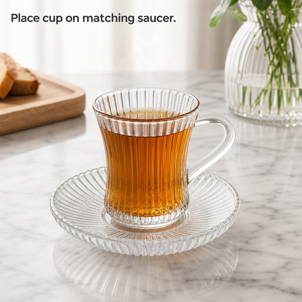 48 Pieces Ribbed Clear Glass Tea Cup and Saucer Set, 36 Pieces