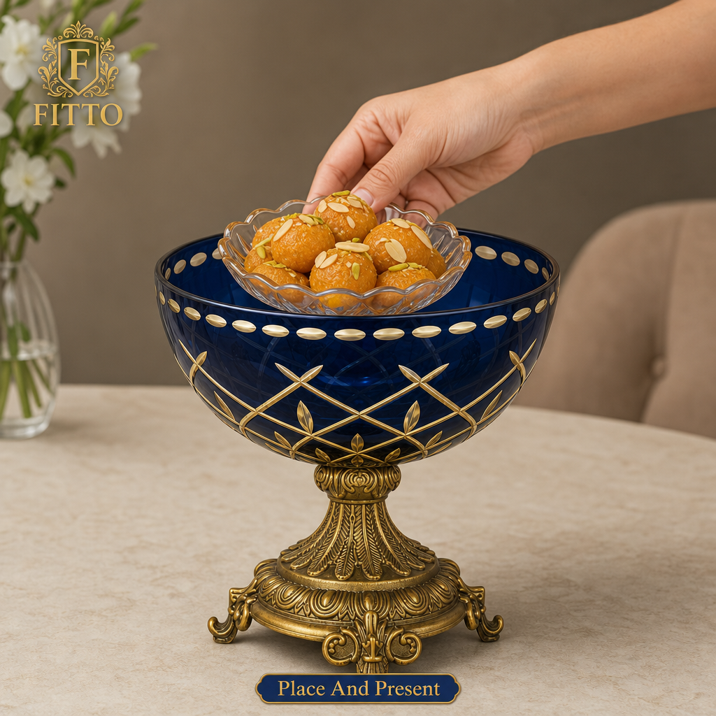 60 Pieces Decorative Pedestal Serving Bowl, Blue and Gold, 30 cm, 1 Piece