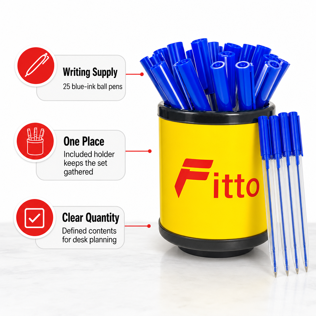 96 Pieces Ball Pens with Pen Holder, Blue Ink, 25 Pack for Office and School Writing