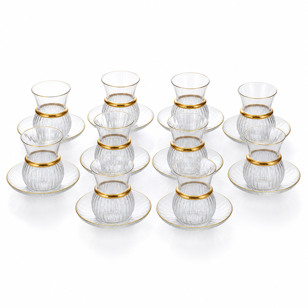 60 Pieces Ribbed Glass Tea Cup and Saucer Set with Gold Rim, Clear, 12 Pieces