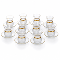60 Pieces Ribbed Glass Tea Cup and Saucer Set with Gold Rim, Clear, 12 Pieces
