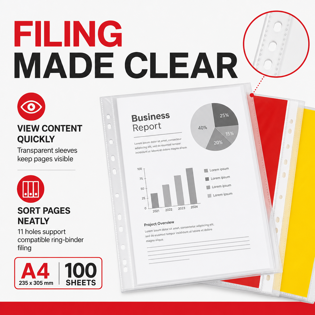 96 Pieces Clear A4 Sheet Protectors, 11-Hole Ring Binder Sleeves, 235 x 305 mm, Pack of 100 Sheets