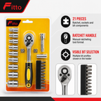 96 Pieces Ratchet Socket and Bit Tool Set, 21-Piece Hand Tool Kit, 20 cm, Black Yellow and Silver