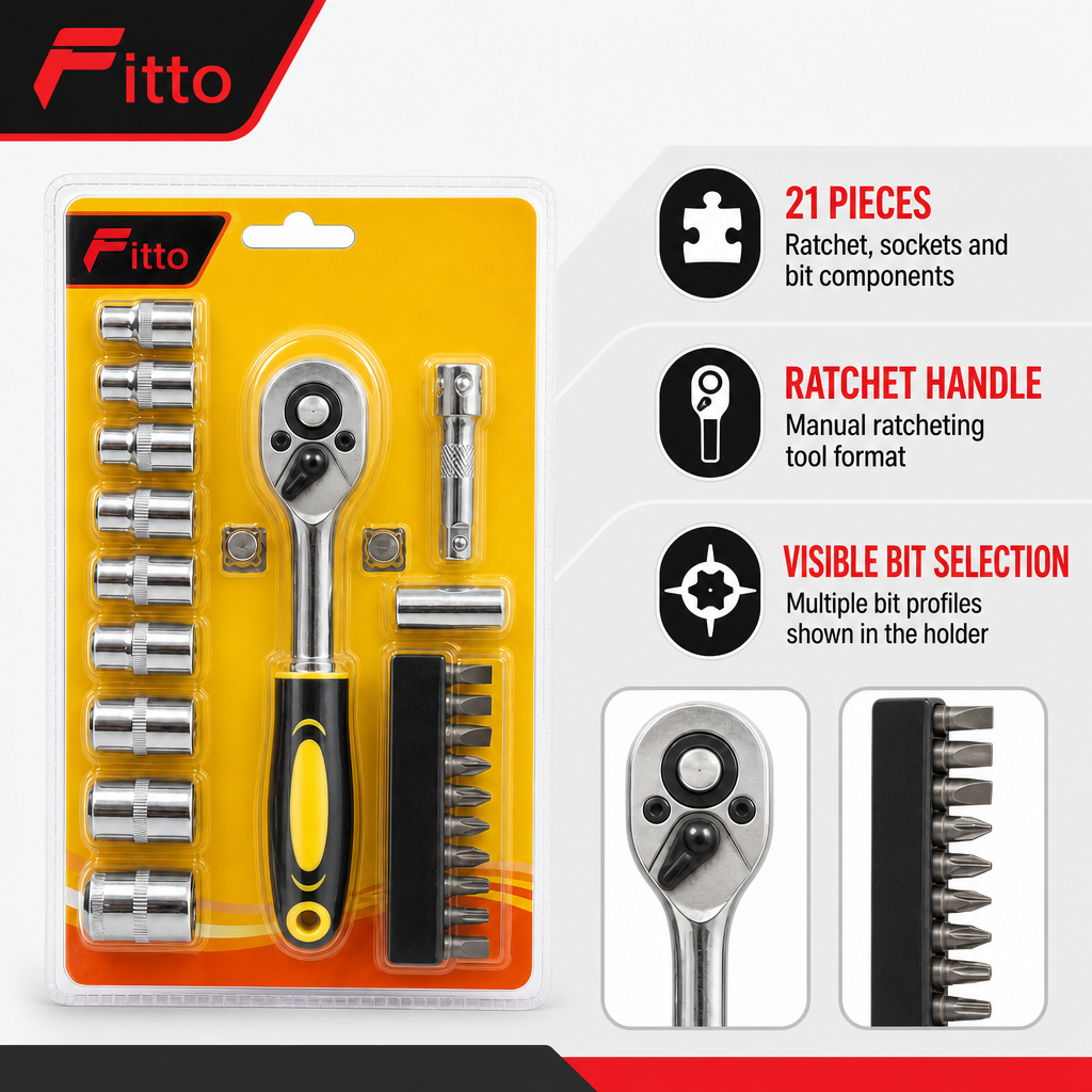 96 Pieces Ratchet Socket and Bit Tool Set, 21-Piece Hand Tool Kit, 20 cm, Black Yellow and Silver