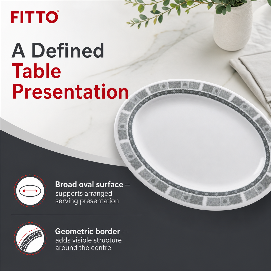96 Pieces Melamine Oval Serving Plate, 17 Inch Grey Tablewares with Geometric Border for Serving