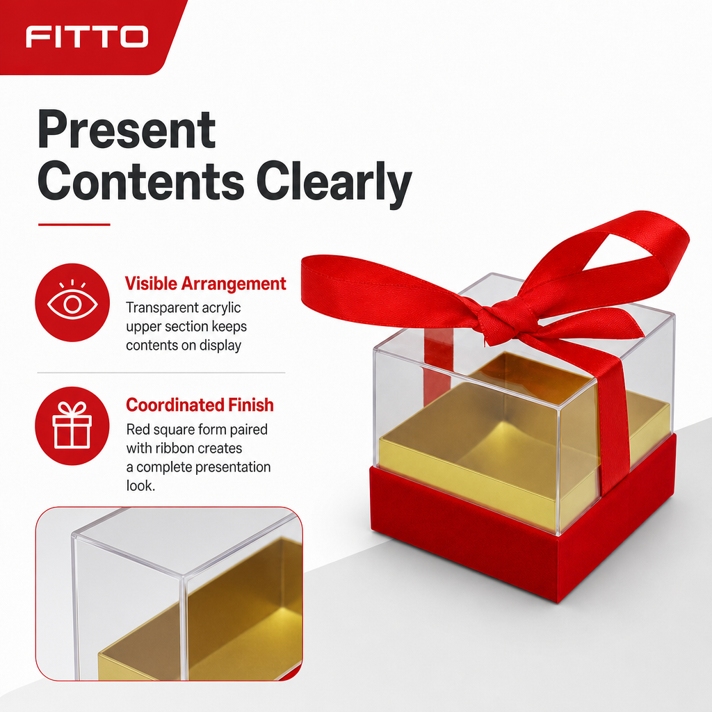 120 Pieces Acrylic Box with Ribbon, Red Square Presentation Container, 9.5 × 9.5 × 9 cm, 1 Piece