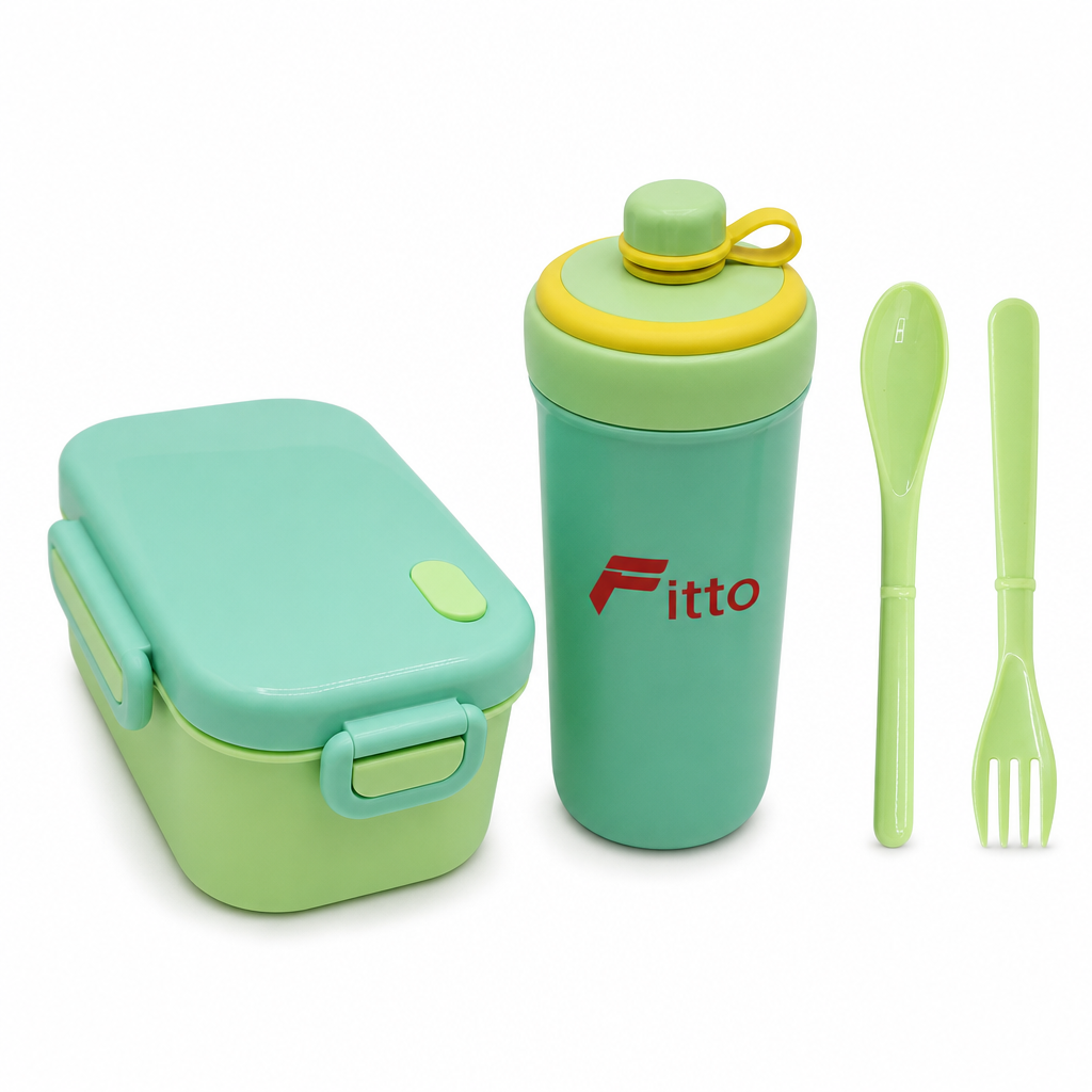 96 Pieces Lunch Box Set with 450 ml Bottle and Cutlery, Assorted Colour Plastic Rectangular, 1 Set