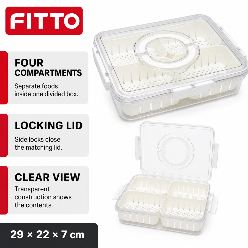 96 Pieces Food Storage Containers, Clear 4-Compartment Box with Locking Lid, 29 × 22 × 7 cm