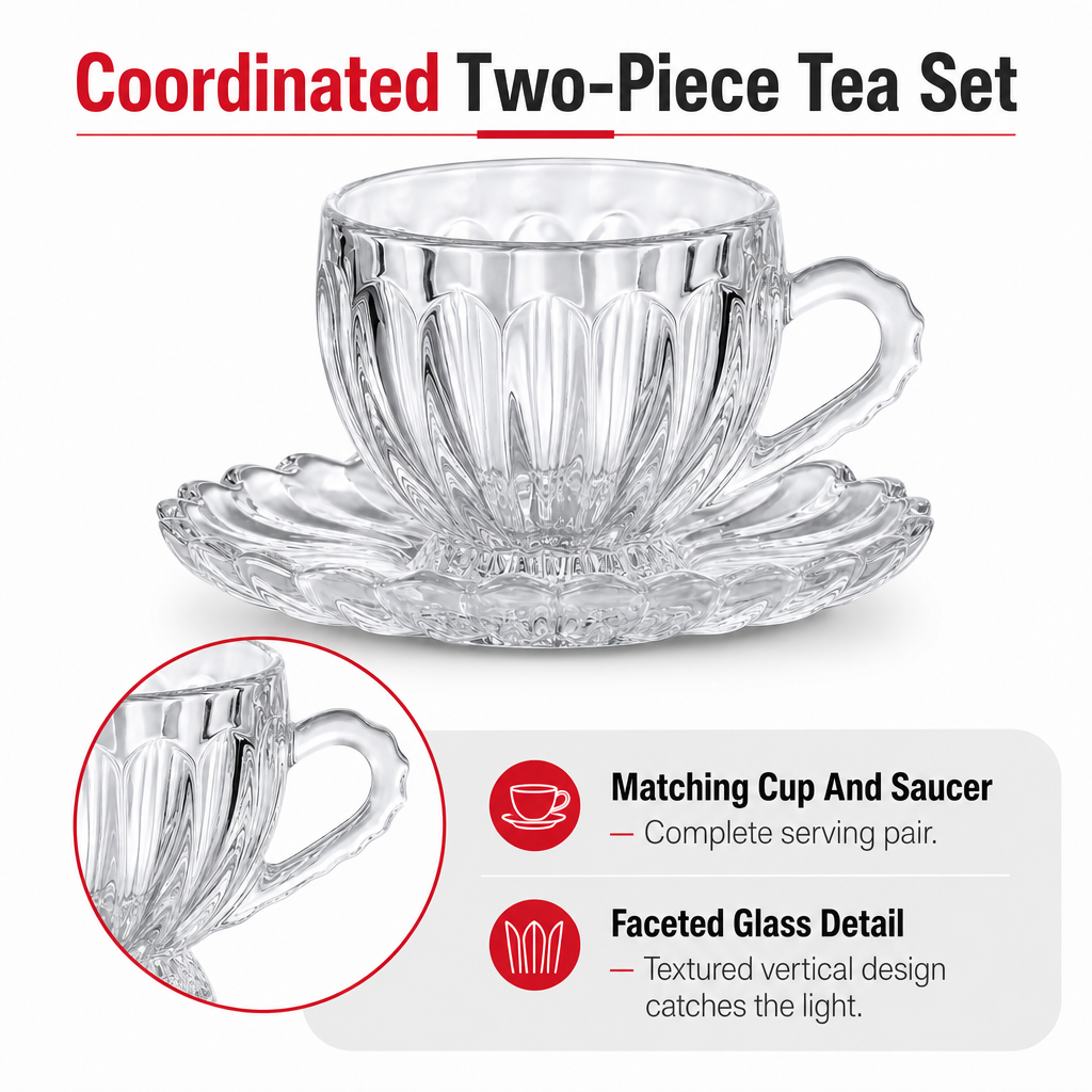 60 Pieces Clear Glass Tea Cup and Saucer Set, 2 Pieces, Faceted Table Setting