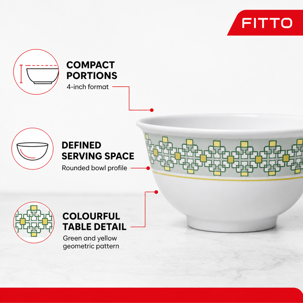 144 Pieces Melamine Rice Bowl, 4 Inch, White with Green and Yellow Geometric Pattern