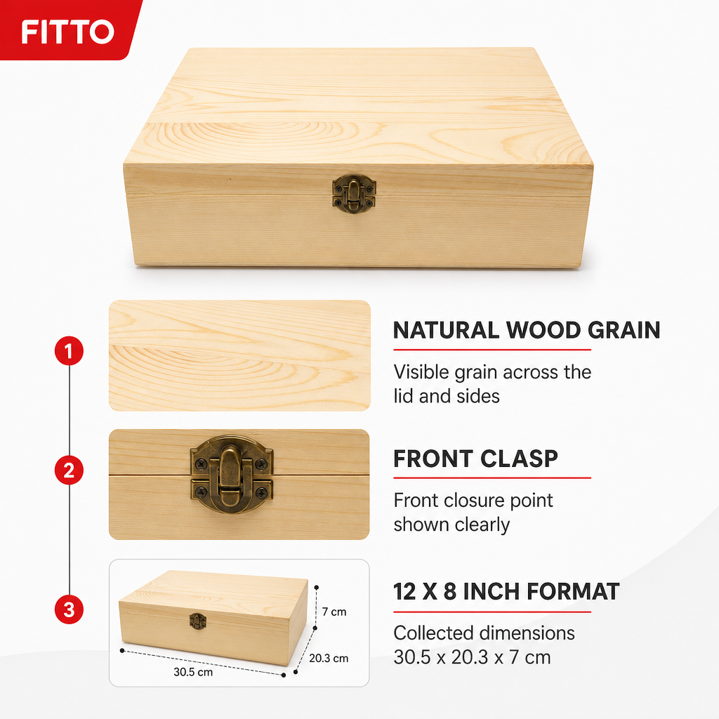72 Pieces Wooden Storage Box, Natural Wood Grain, Front Clasp, 12 x 8 Inch