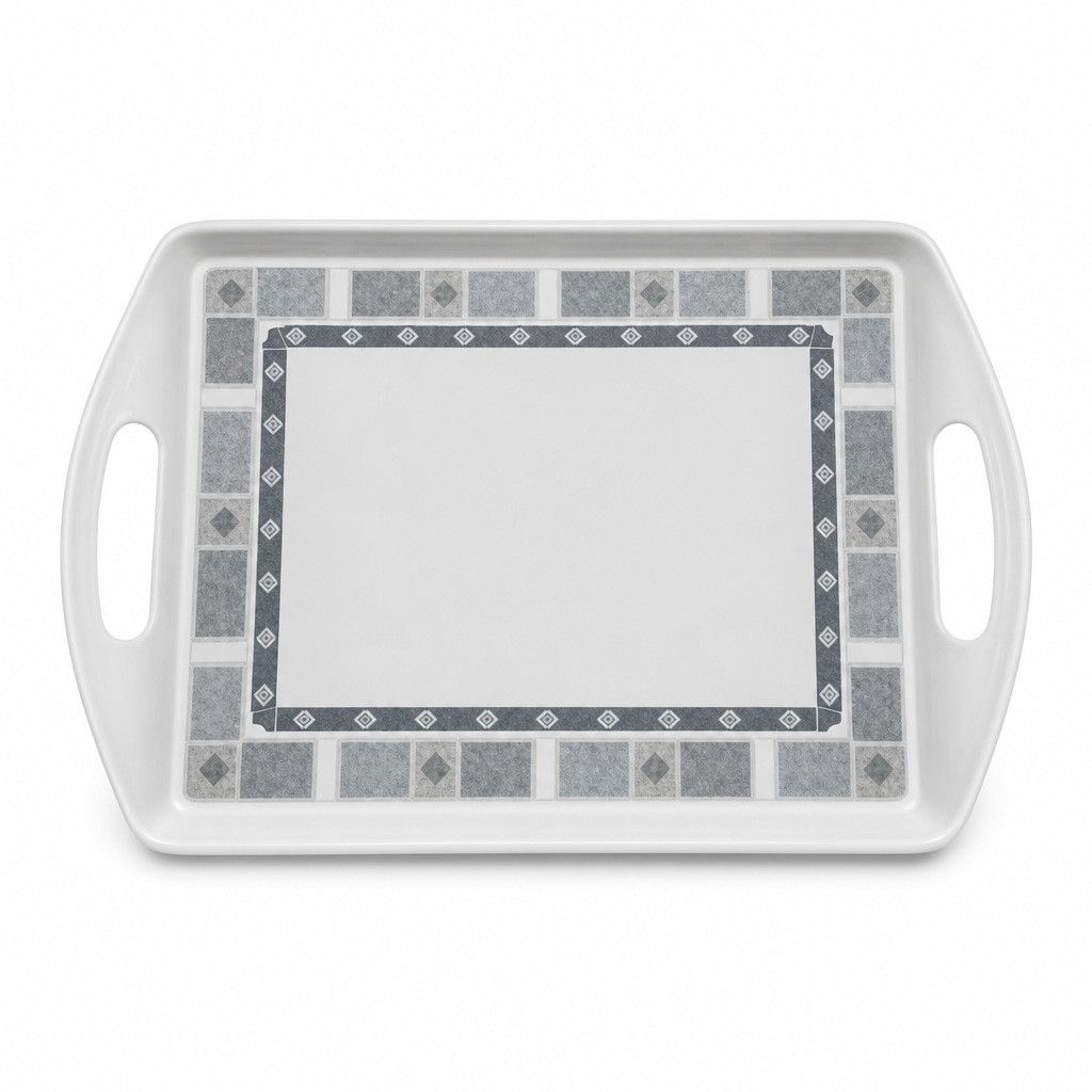 96 Pieces Serving Trays, Rectangular Melamine Tray with Double Handles, 18 Inch, Grey Geometric Border