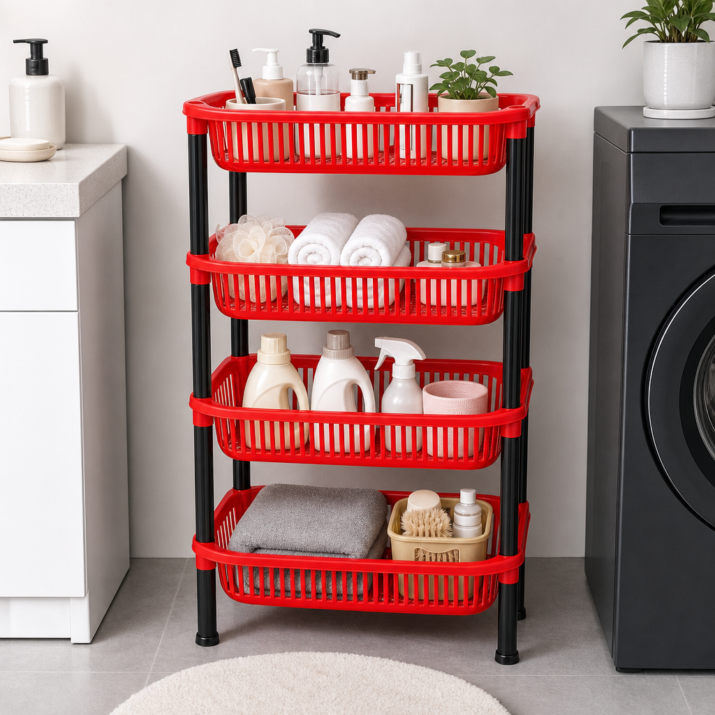 72 Pieces 4-Tier Plastic Storage Basket Rack, Red, 40 x 30 x 22 cm