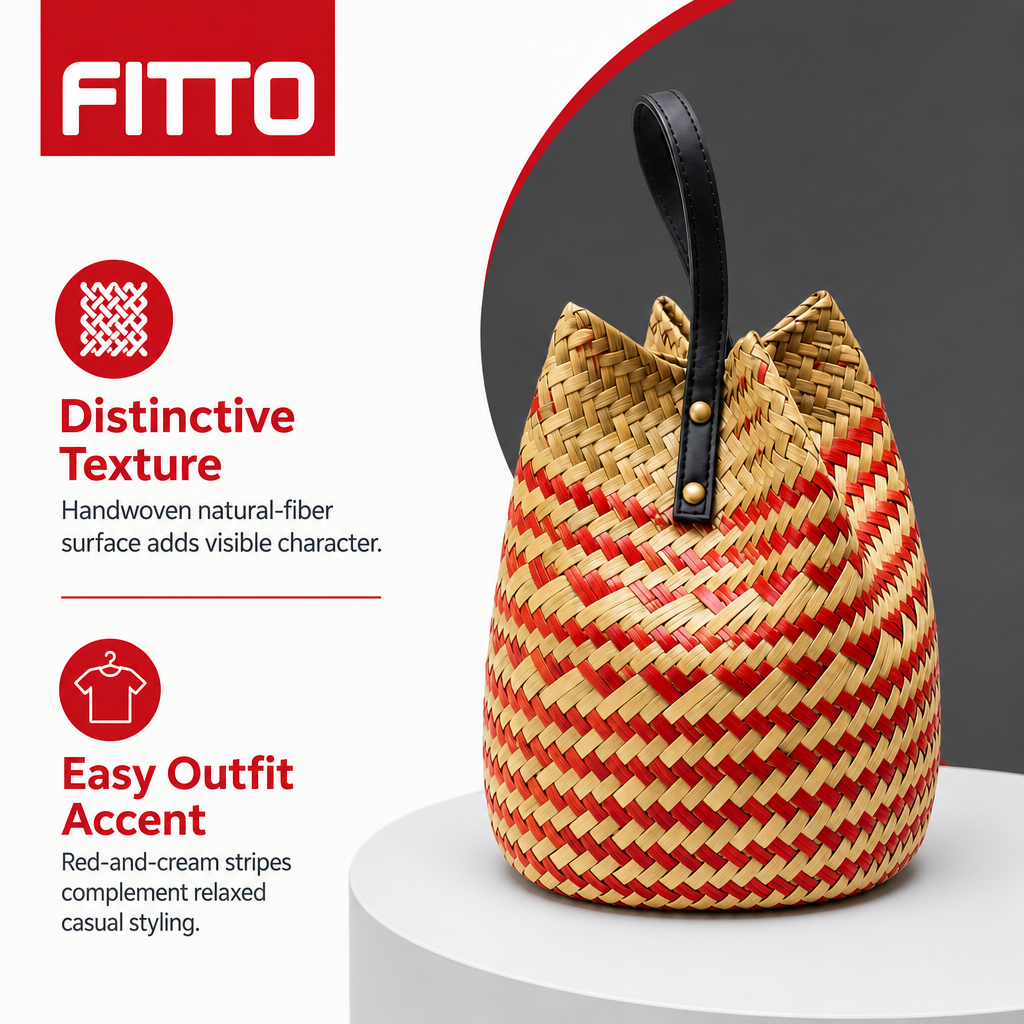 72 Pieces Handwoven Natural Fiber Bucket Handbags, Red and Cream Striped, 22 x 18 x 14 cm