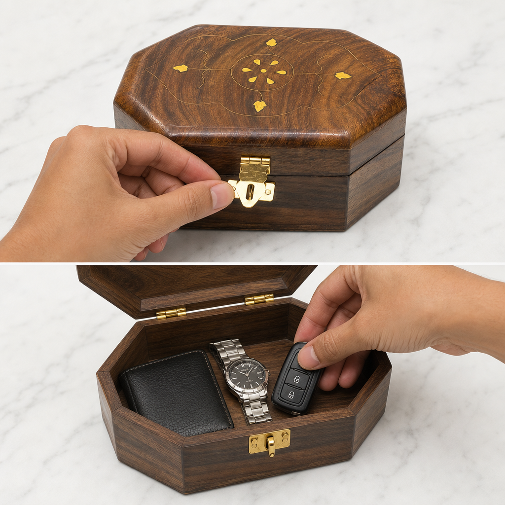 96 Pieces Wooden Octagonal Storage Box with Front Latch, 7 x 5 Inch, Brown