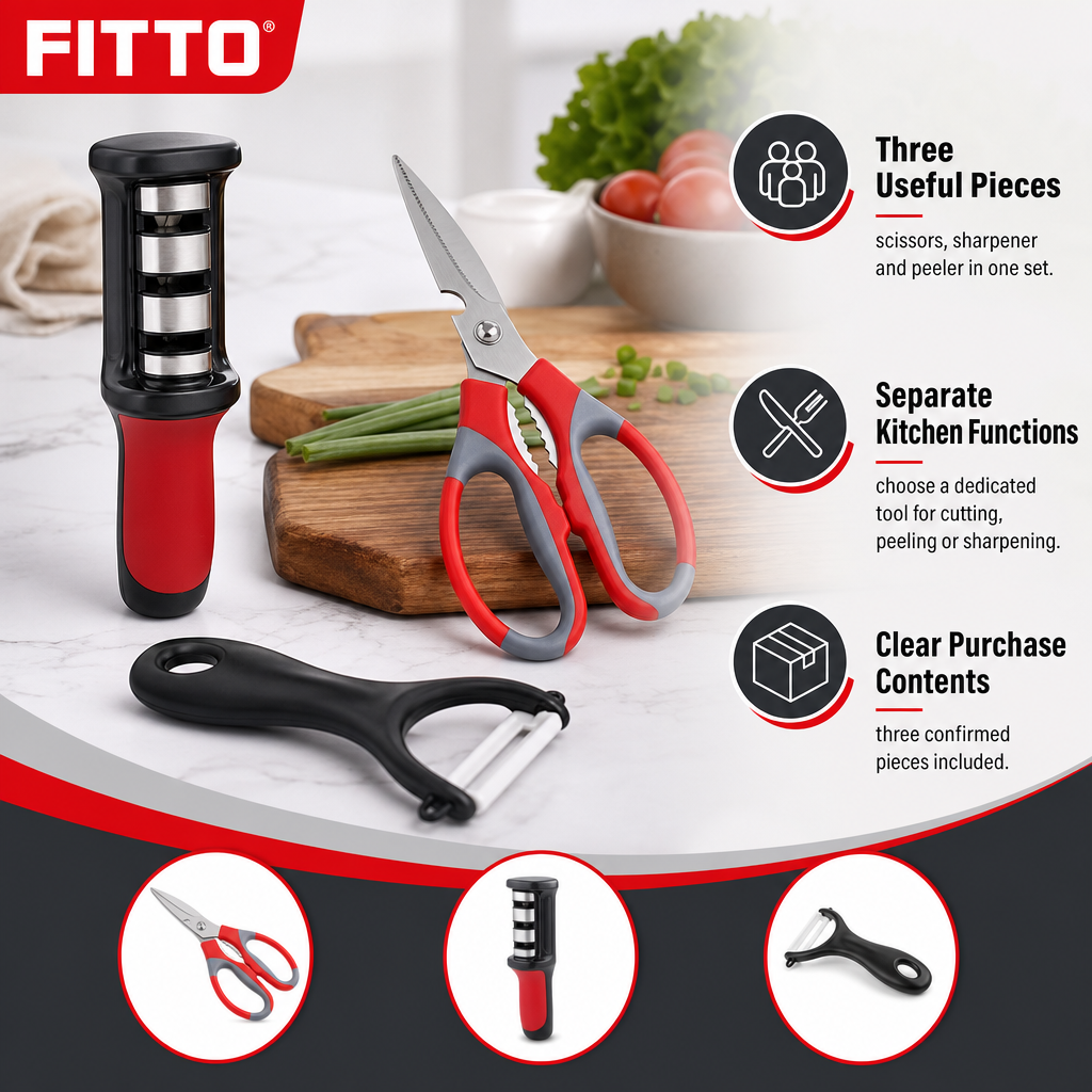 96 Pieces Kitchen Tool Set with Scissors, Knife Sharpener and Peeler, 3 Pieces