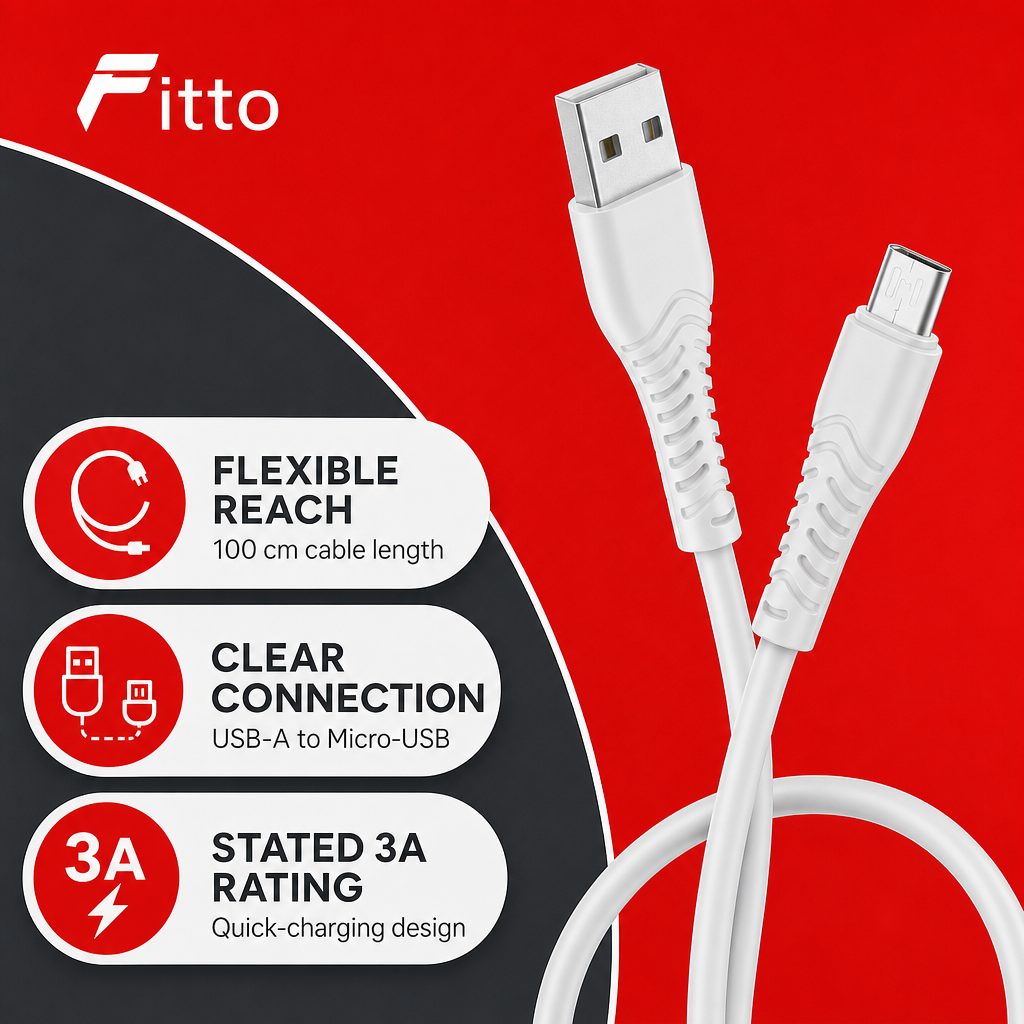 240 Pieces USB-A to Micro-USB Charging Cables, 3A, 100 cm, White